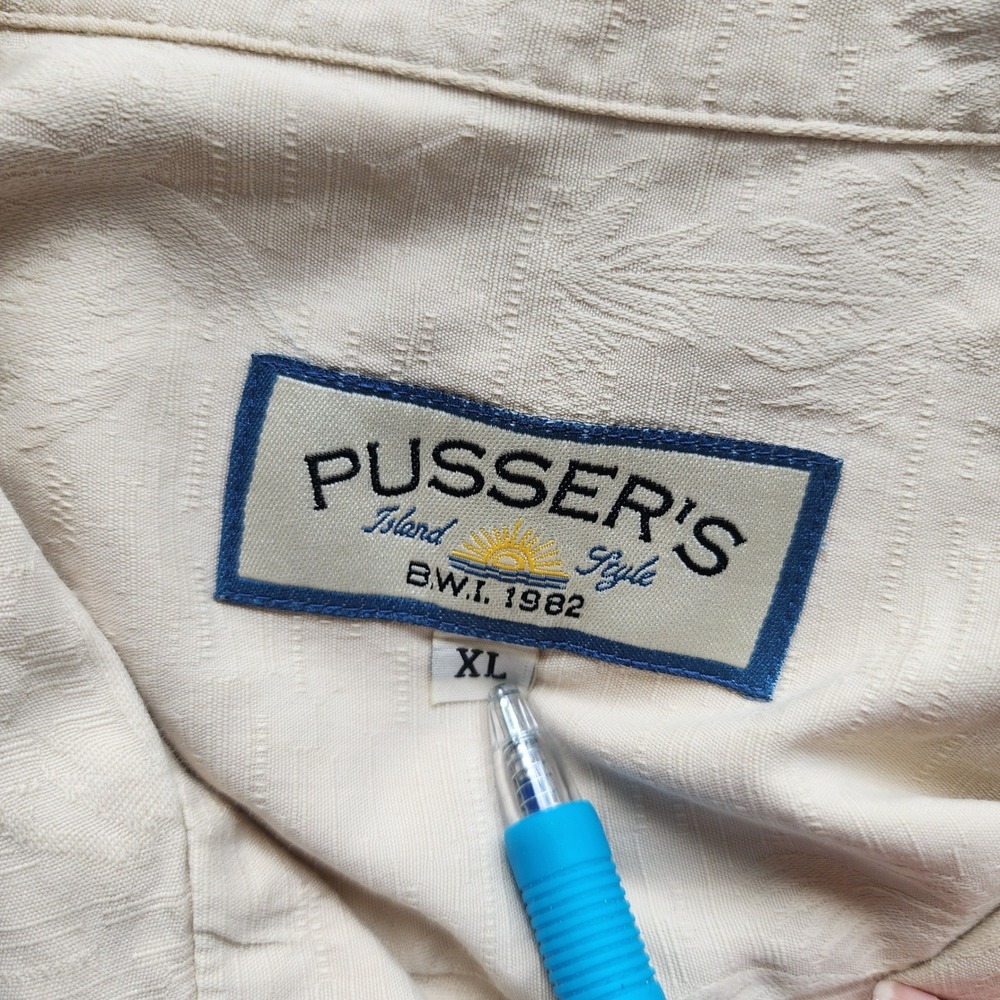 Pussers Island Style Mens XL Silk Cotton Beige Jacquard Button Down Shirt Luxury - Picture 8 of 9